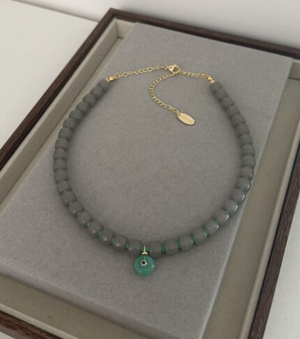 .Grey and Green Natural Stone Necklace