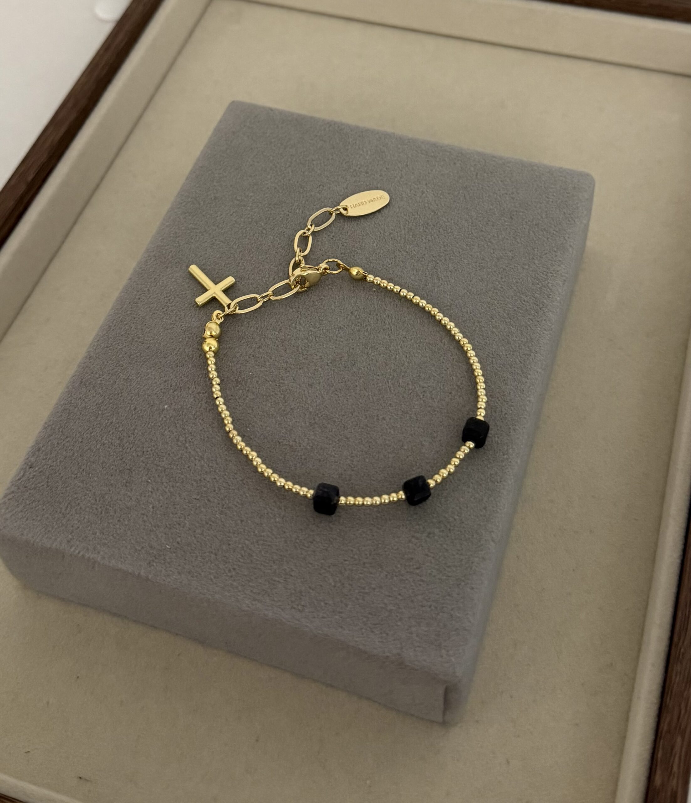 IMG_1416 Gold Plated Bracelet-Black Natural Stone - Imagen 1